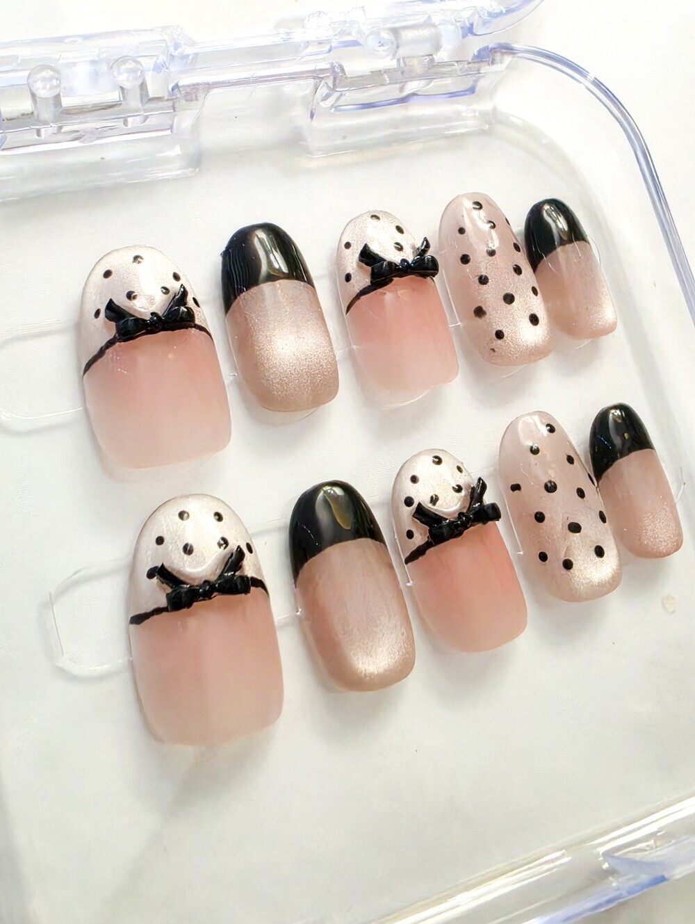 Coquette Press On Nails Small Blush Pink Black French Polka Dot Bow - Picture 7 of 8